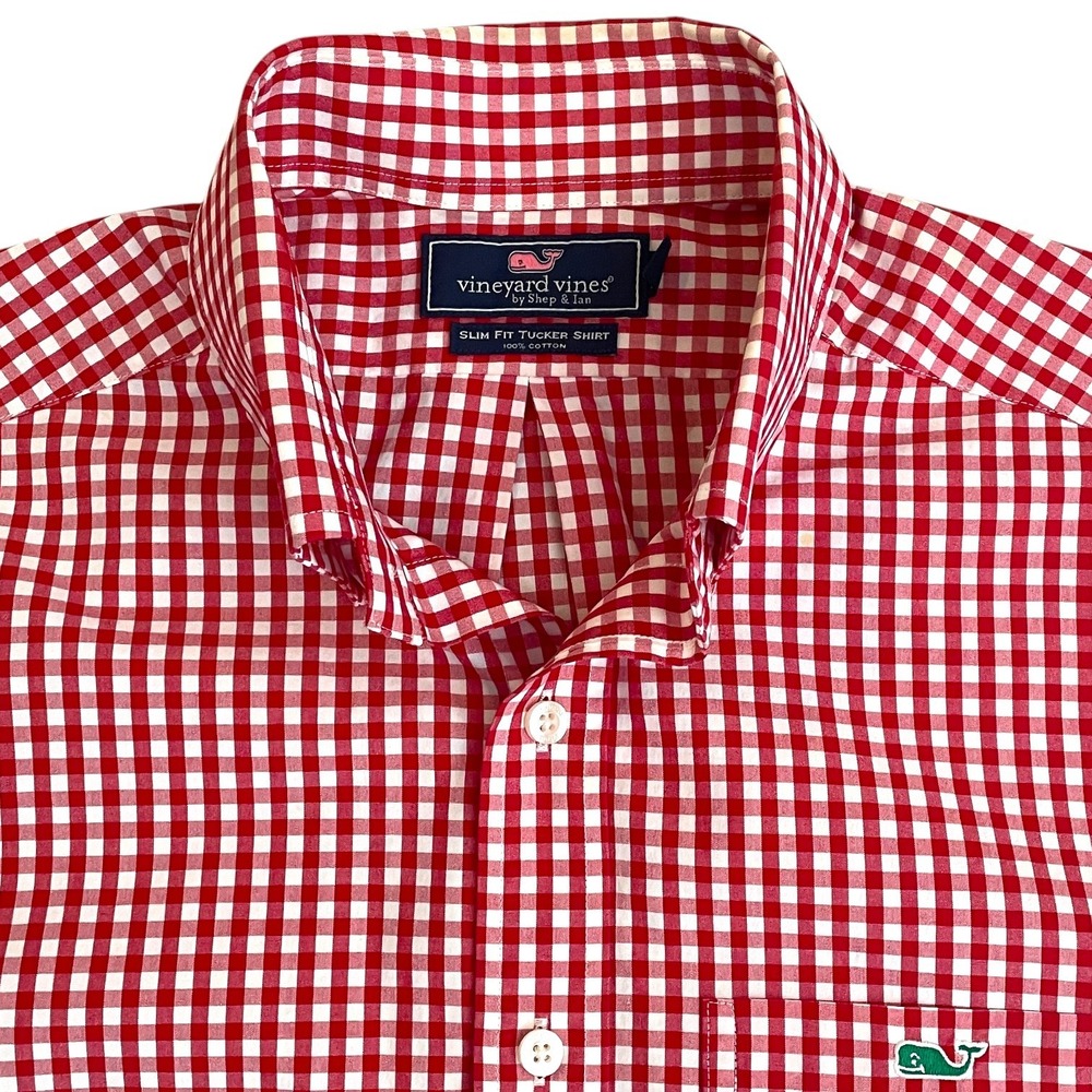 Vineyard Vines Slim Fit Tucker Shirt Mens Small Red White Gingham Plaid Cotton
